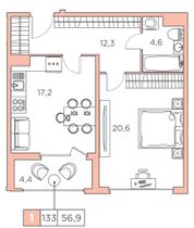 56,9 м², 1-комн. квартира, 15/16 этаж