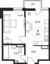 38 м², 1-комн. квартира, 23 этаж