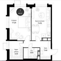 Продажа 1-комнатной квартиры 49,6 м², 5/22 этаж