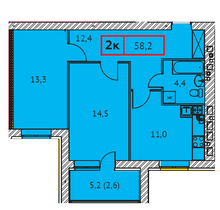 58,2 м², 2-комн. квартира, 1/9 этаж