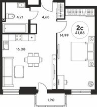 41,7 м², 2-комн. квартира, 23 этаж