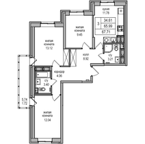 66 м², 3-комн. квартира, 17/27 этаж