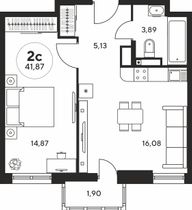 41,9 м², 2-комн. квартира, 11 этаж