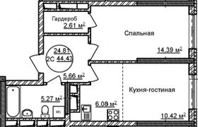 44,4 м², 2-комн. квартира, 31/32 этаж