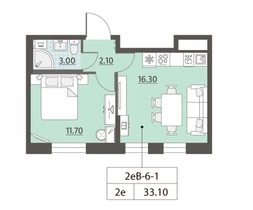 Продажа 1-комнатной квартиры 33,1 м², 1/6 этаж