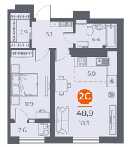 49,4 м², 2-комн. квартира, 17/17 этаж