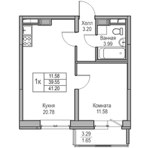 39,5 м², 1-комн. квартира, 2/23 этаж