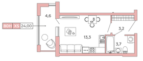 24,8 м², студия, 3/12 этаж