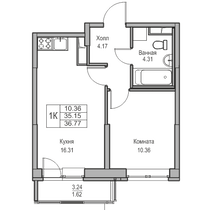 35,2 м², 1-комн. квартира, 2/23 этаж