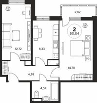 50 м², 2-комн. квартира, 21 этаж