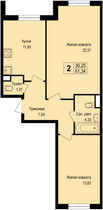 Продажа 2-комнатной квартиры 61,3 м², 1/8 этаж
