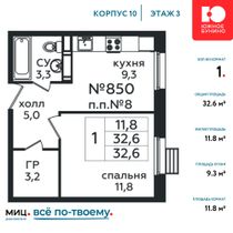 Продажа 1-комнатной квартиры 32,6 м², 3/16 этаж