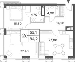 84,2 м², 2-комн. квартира, 44/52 этаж
