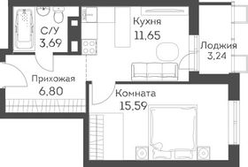 Продажа 1-комнатной квартиры 39,1 м², 11/24 этаж