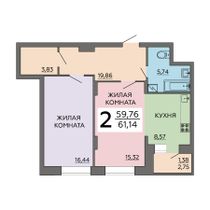 61,1 м², 2-комн. квартира, 13/18 этаж