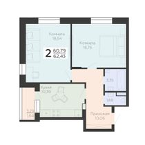 62,4 м², 2-комн. квартира, 2/18 этаж