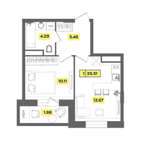 35,5 м², 2-комн. квартира, 4 этаж