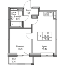 39 м², 1-комн. квартира, 3/23 этаж