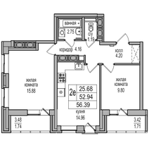 52,9 м², 2-комн. квартира, 22/27 этаж