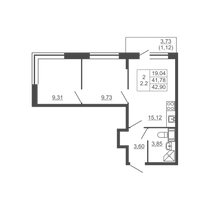 42,9 м², 2-комн. квартира, 4/5 этаж