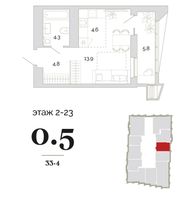 33,4 м², 1-комн. квартира, 23/18 этаж