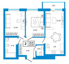 63,1 м², 2-комн. квартира, 23/26 этаж