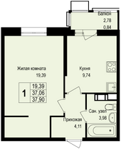 Продажа 1-комнатной квартиры 37,9 м², 3/6 этаж