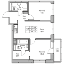 50,2 м², 2-комн. квартира, 21/23 этаж