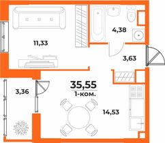 35,5 м², 1-комн. квартира, 2/10 этаж