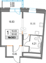 39,5 м², 1-комн. квартира, 2/23 этаж