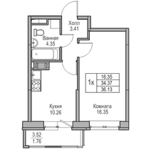 34,4 м², 1-комн. квартира, 17/23 этаж