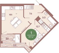 51,7 м², 1-комн. квартира, 2/17 этаж