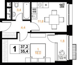 Продажа 1-комнатной квартиры 35,4 м², 5/20 этаж