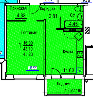 Продажа 1-комнатной квартиры 45,3 м², 1/7 этаж