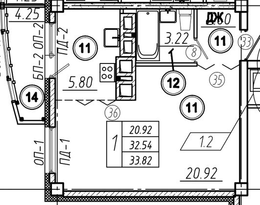 Продажа квартиры со свободной планировкой 33,8 м², 13/15 этаж