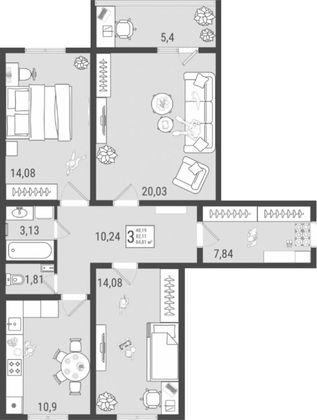 Продажа 3-комнатной квартиры 84,8 м², 2/9 этаж