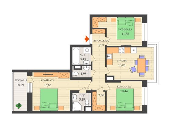 Продажа 3-комнатной квартиры 72,5 м², 10/12 этаж