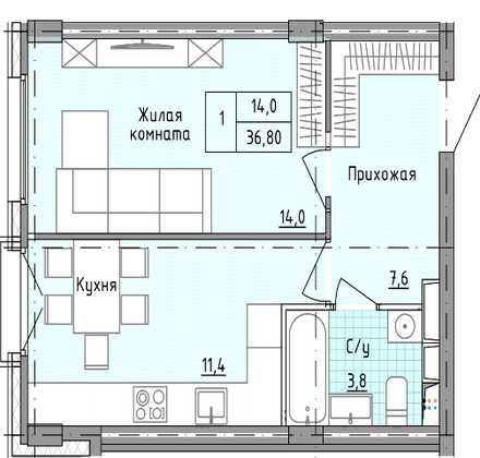 Продажа 1-комнатной квартиры 36,8 м², 18/25 этаж