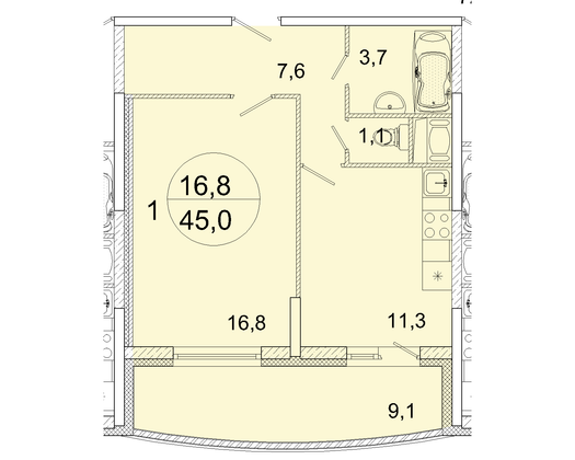 Продажа 1-комнатной квартиры 45,6 м², 8/18 этаж