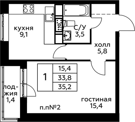 Продажа 1-комнатной квартиры 35,2 м², 20/22 этаж