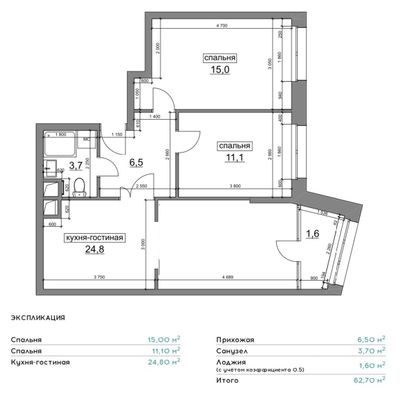 Продажа 2-комнатной квартиры 60,6 м², 6/22 этаж