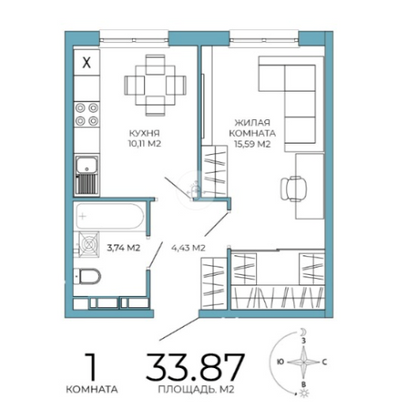 Продажа 1-комнатной квартиры 33,9 м², 4/18 этаж