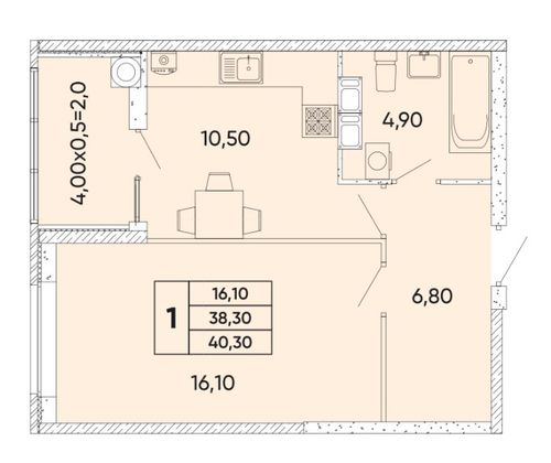 Продажа 1-комнатной квартиры 40,3 м², 10/18 этаж