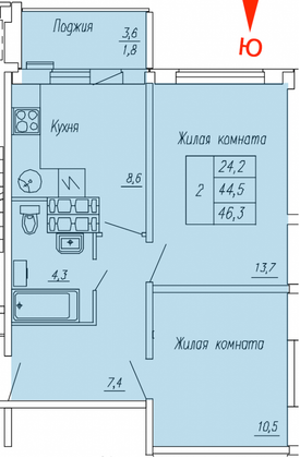 Продажа 2-комнатной квартиры 46,3 м², 5/16 этаж