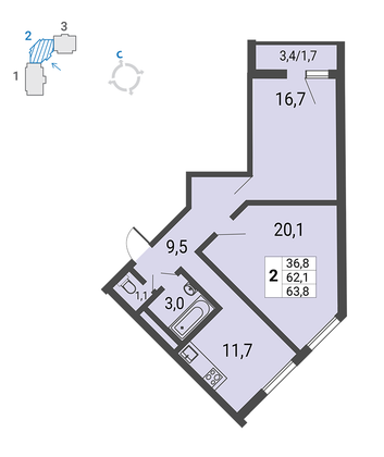 Продажа 2-комнатной квартиры 63,8 м², 3/25 этаж