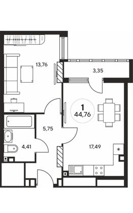 Продажа 1-комнатной квартиры 44 м², 11/25 этаж
