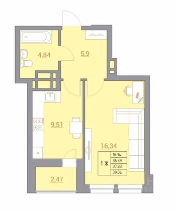 Продажа 1-комнатной квартиры 39 м², 6/22 этаж