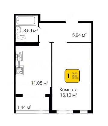 Продажа 1-комнатной квартиры 38 м², 2/18 этаж