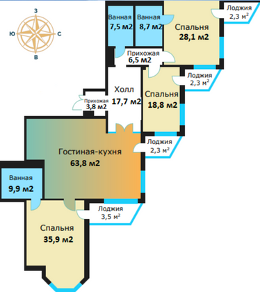 Продажа 3-комнатной квартиры 200 м², 4/20 этаж