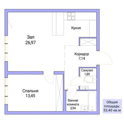 Продажа 1-комнатной квартиры 53,4 м², 9/9 этаж